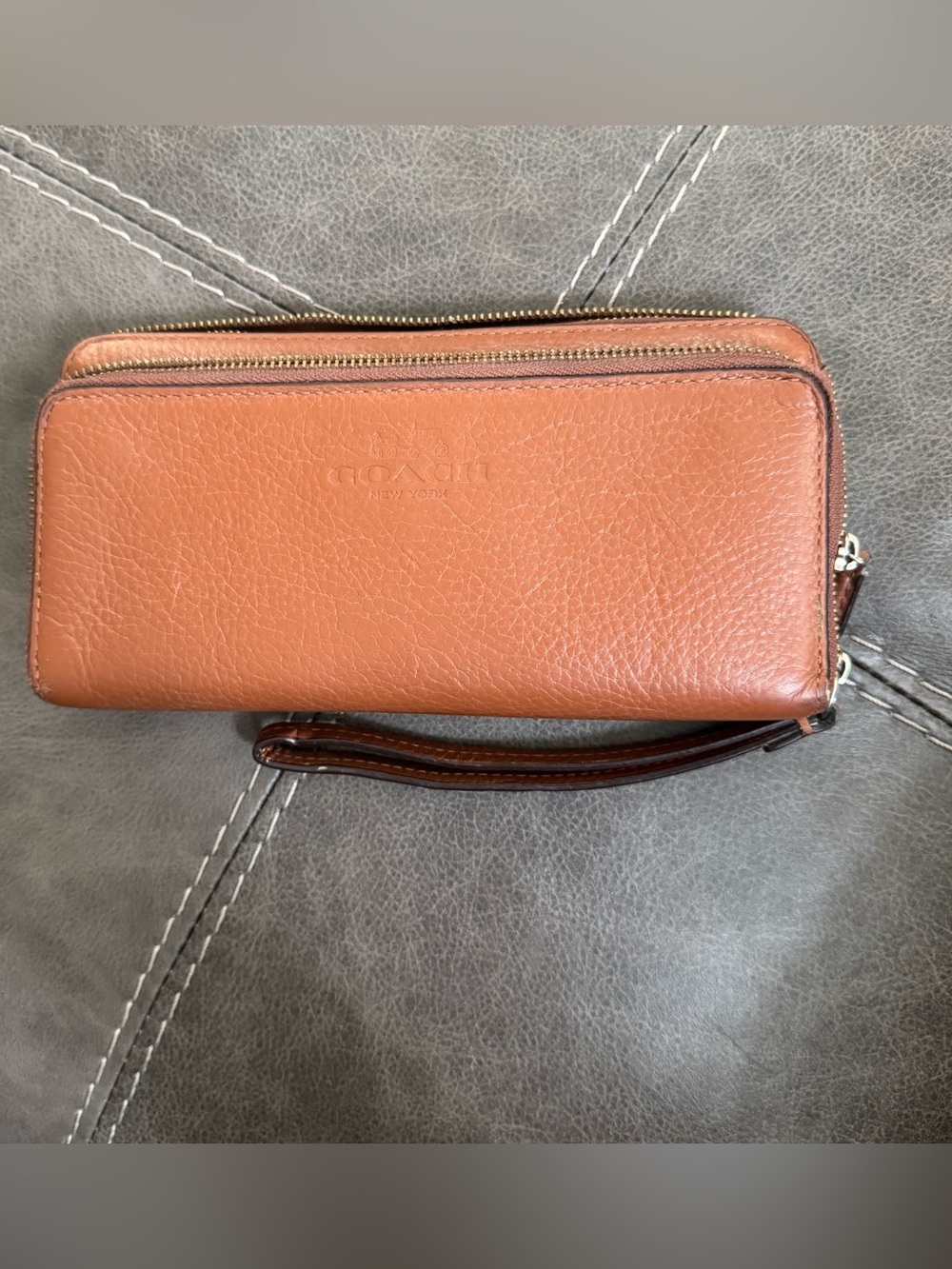 COACH Leather Wristlet in Tan Brown